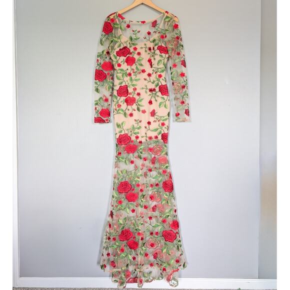 L'Atiste Nude Rose Embroidered Mermaid Maxi Dress Long Sleeve size Small - Picture 2 of 8